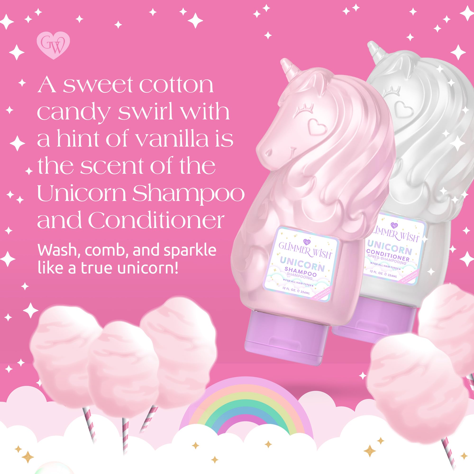 Glimmer Wish Premium Unicorn Shampoo & Conditioner Set - Tropical Beach Scent, Sulfate & Paraben Free, Vegan & Cruelty Free (2 x 12 Fl Oz) | Gentle Hair Care for Kids & Adults, Perfect for Daily Use & Sensitive Scalp