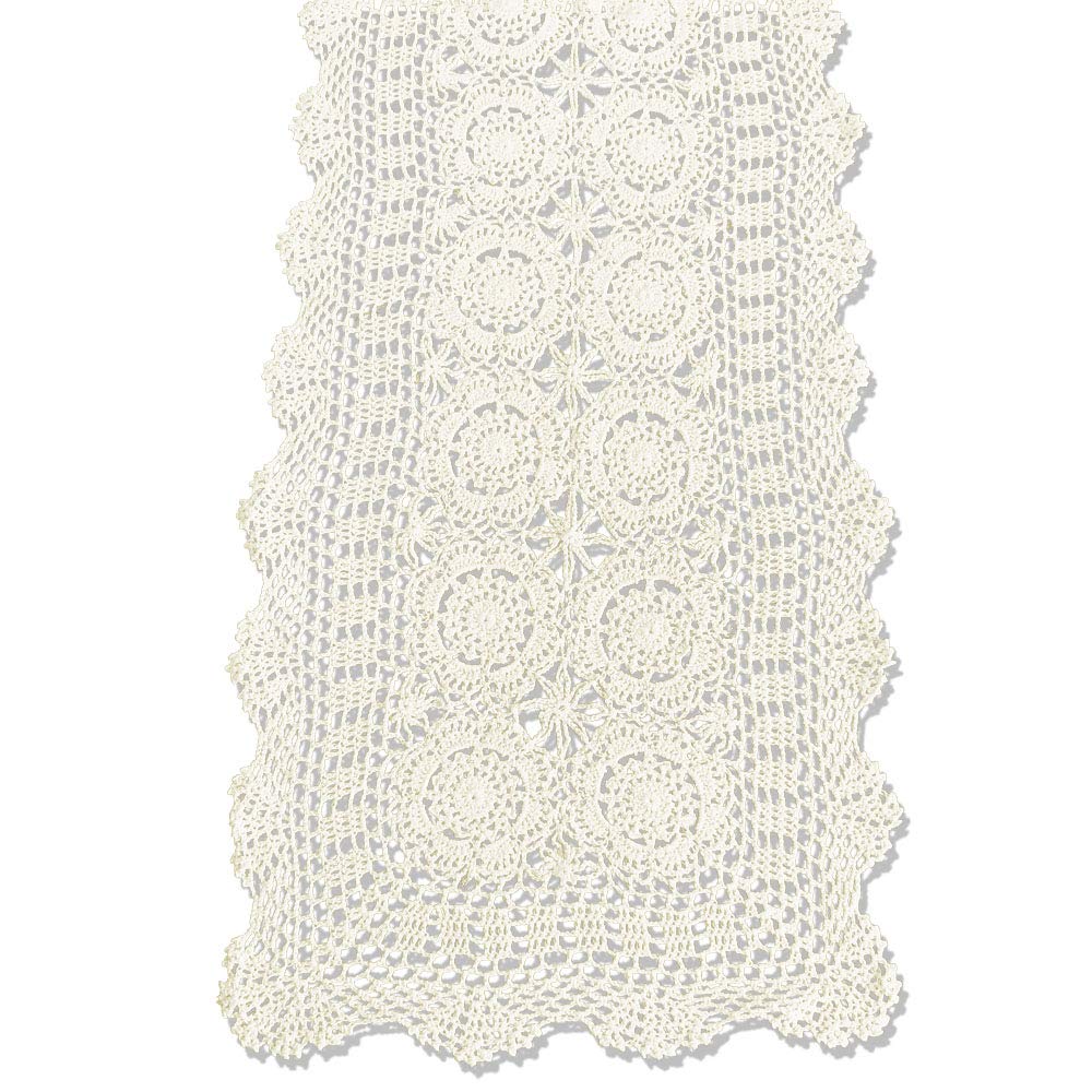 Handmade Crochet Lace Table Runner - 100% Cotton Beige Rectangle Decorative Runner for Coffee Table, Dresser, Dining Table (14x36 Inch) - Elegant Home Decor for Weddings, Parties & Boho Chic Interiors
