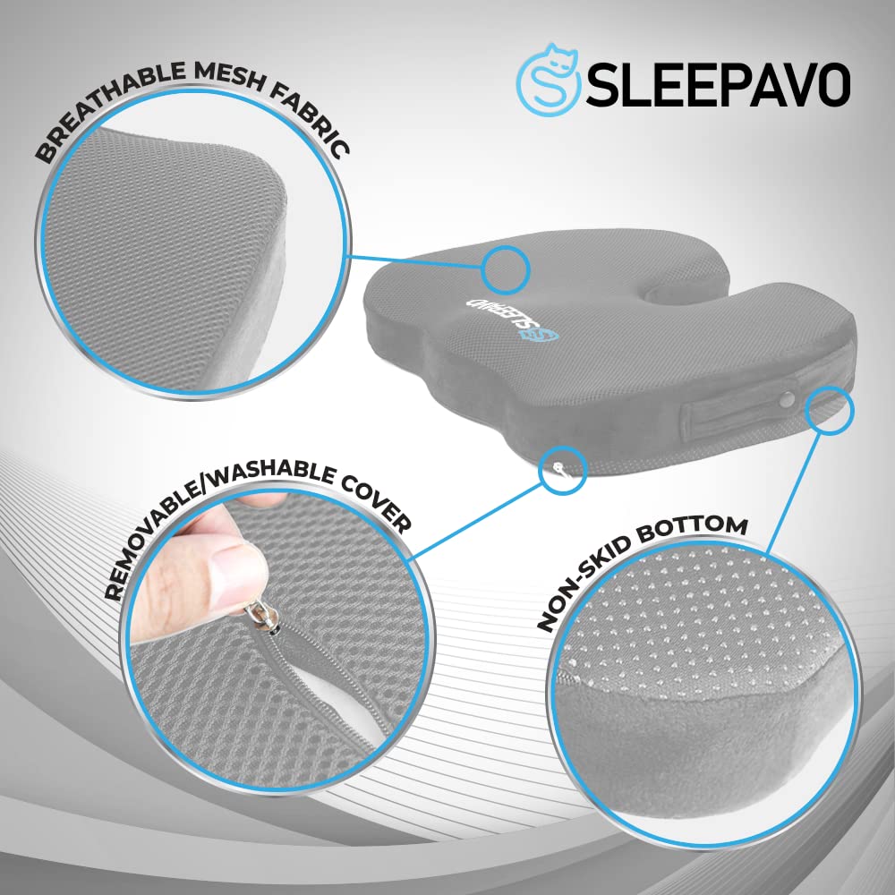 Sleepavo Gray Memory Foam Seat Cushion with Cooling Gel - Orthopedic Office Chair Cushion for Sciatica, Coccyx & Lower Back Pain Relief - Ergonomic Lumbar Support Pillow for Desk, Car & Airplane Travel - Perfect for Work, Driving & Long Flights
