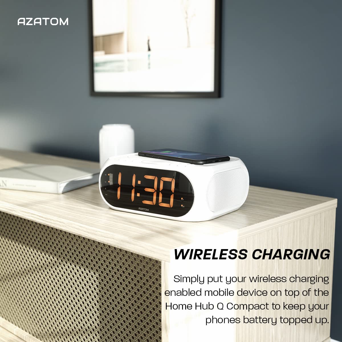 AZATOM Homehub Compact Bluetooth Alarm Clock Radio with QI Wireless Fast Charging for iPhone & Android - White | Bedside, Office, Travel Use