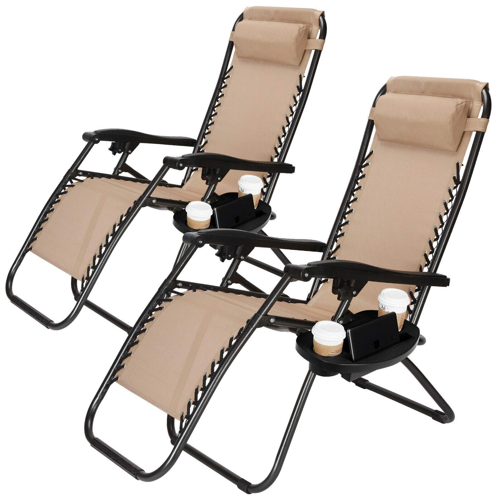 2 Zero Gravity Reclining Chairs with Side Trays - Foldable Outdoor Lounge Chairs for Garden, Beach, Lawn & Patio Relaxation | Perfect for Sunbathing, Camping & Backyard Lounging