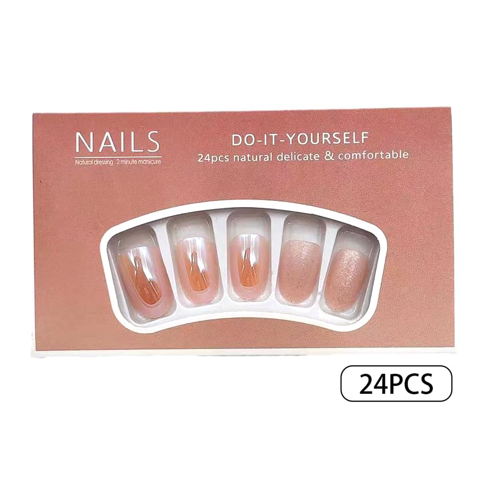 24Pcs Short Round Almond Press on Nails - Chrome Gloss Fake Nails with Glitter Powder Designs, Acrylic Artificial Stick on Nails for Women | Perfect for Parties, Weddings & Everyday Wear