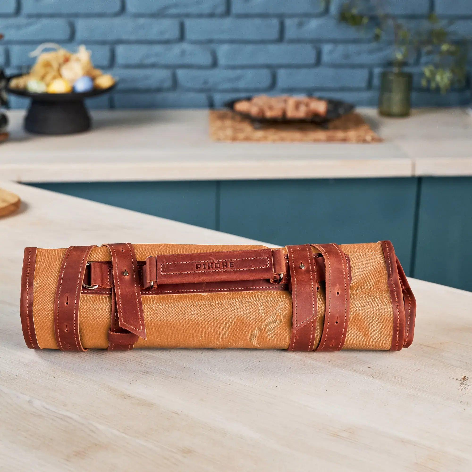 Premium Waxed Canvas Knife Roll for Chefs - Durable & Water-Resistant Knife Storage Bag - Perfect for Professional Kitchens, Culinary School & Outdoor Cooking