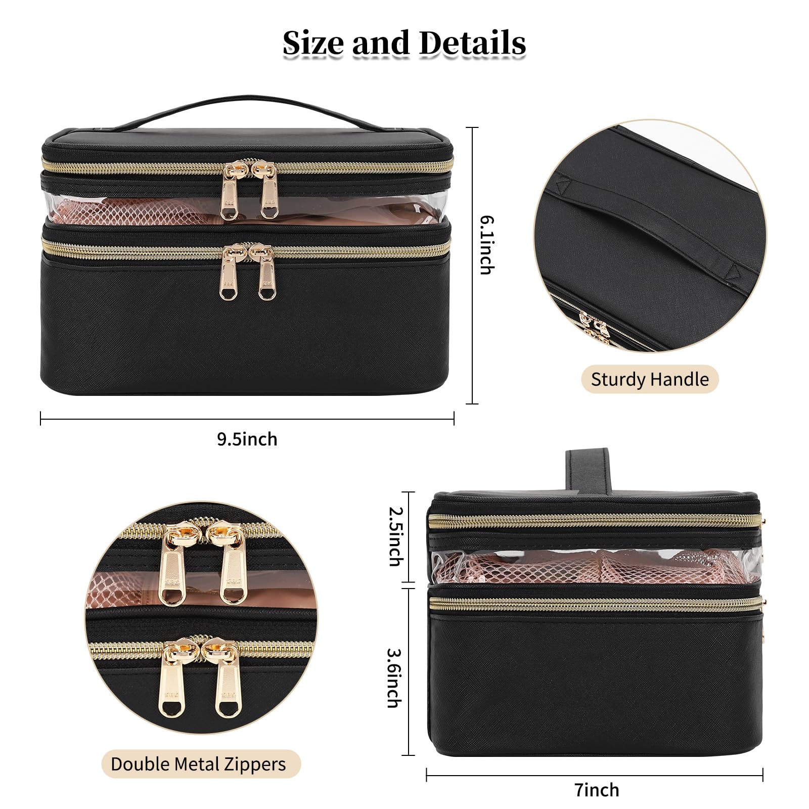 OCHEAL Double Layer Large Capacity Makeup Bag for Women - Travel Cosmetic Organizer with Handle & Divider - Perfect for Travel, Gym & Daily Use - Black