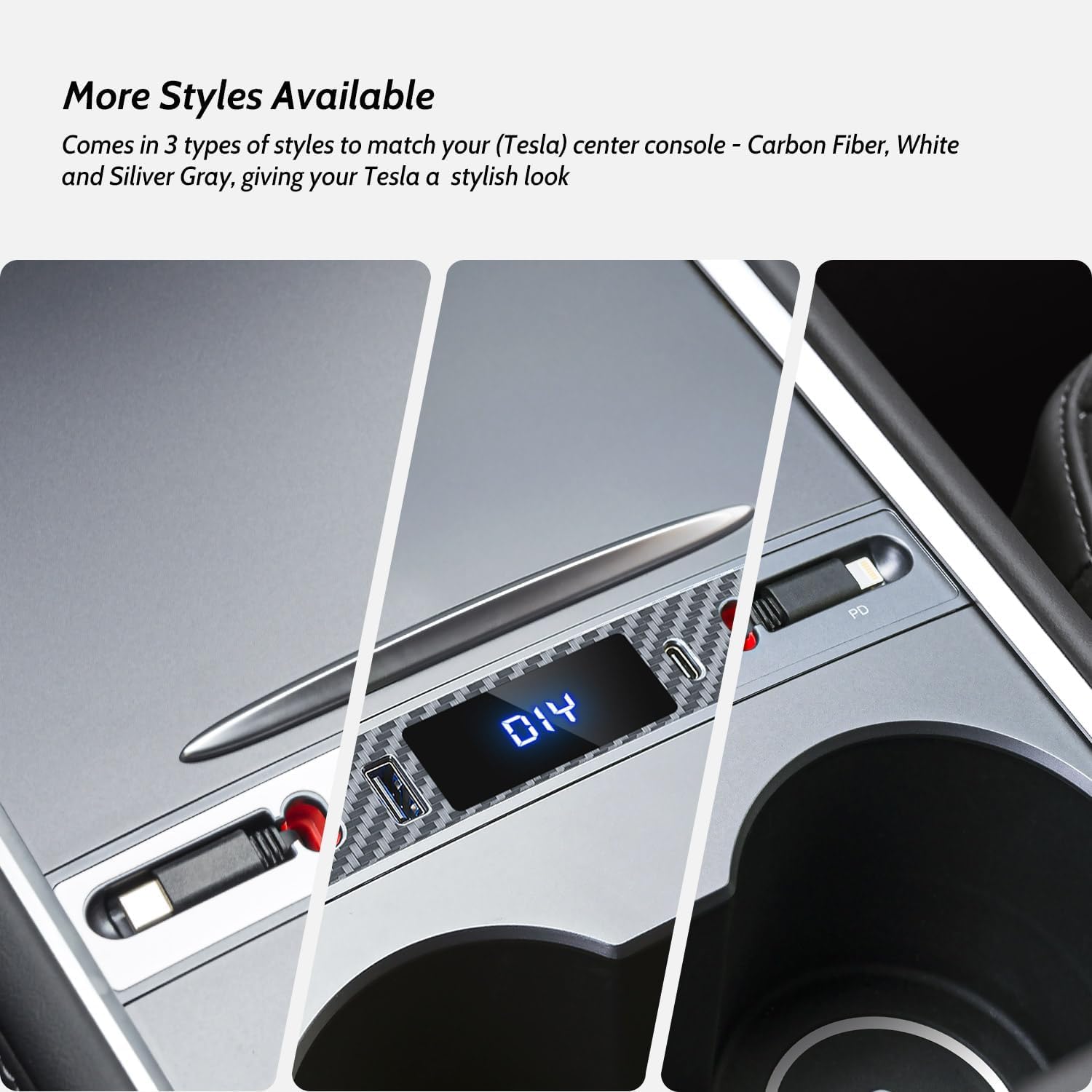 MOWLICAS OEM Tesla USB Hub & Retractable Phone Charger - Compatible with Tesla Model Y 2021-2024 & Model 3 2021-2023 - Silver Gray Accessories for Tesla Owners | Perfect for Road Trips & Daily Commuting