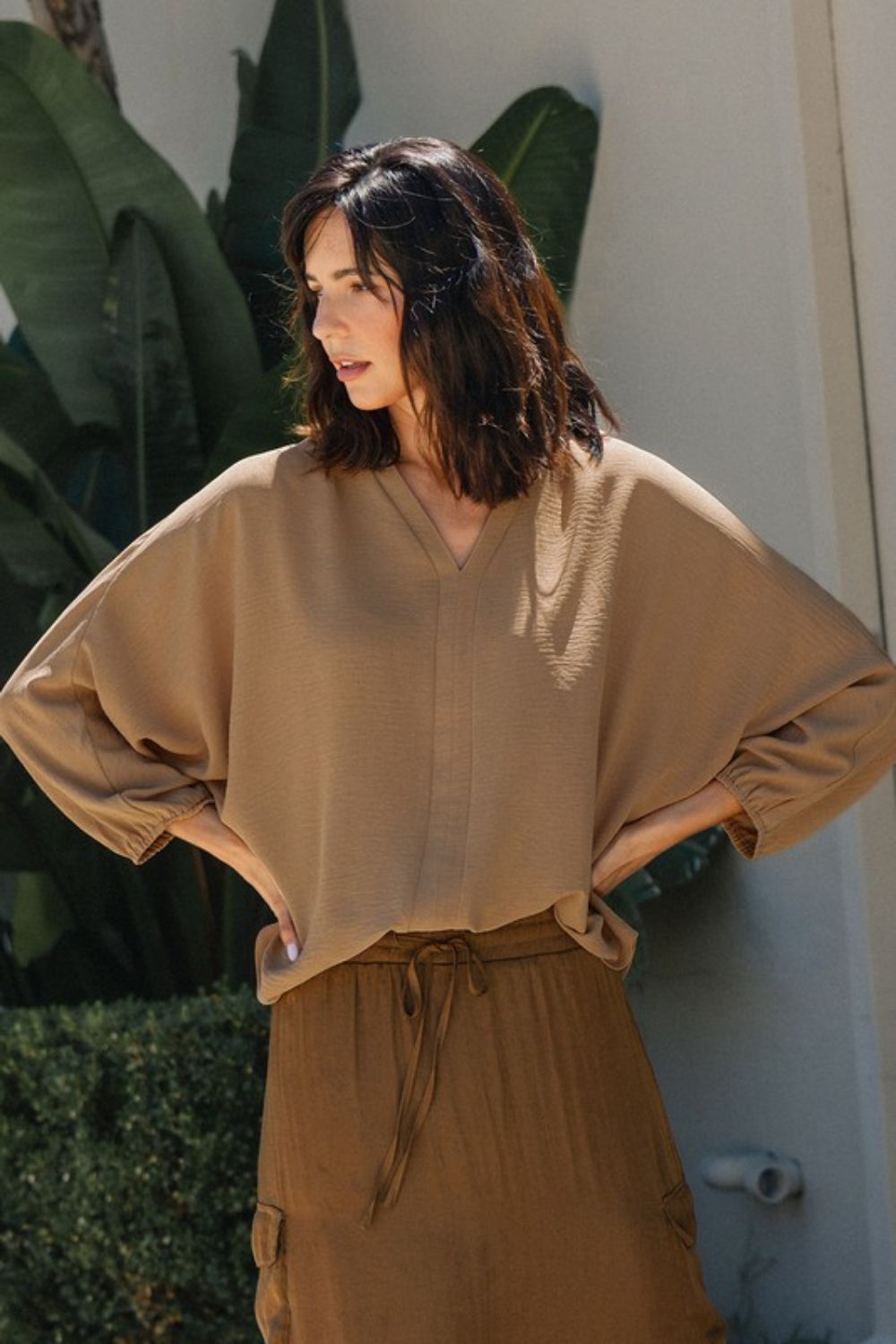 Stylish Camel Batwing Sleeve Resort Blouse for Women - Boho Chic Loose Fit Top for Beach Vacation, Summer Outings & Casual Wear