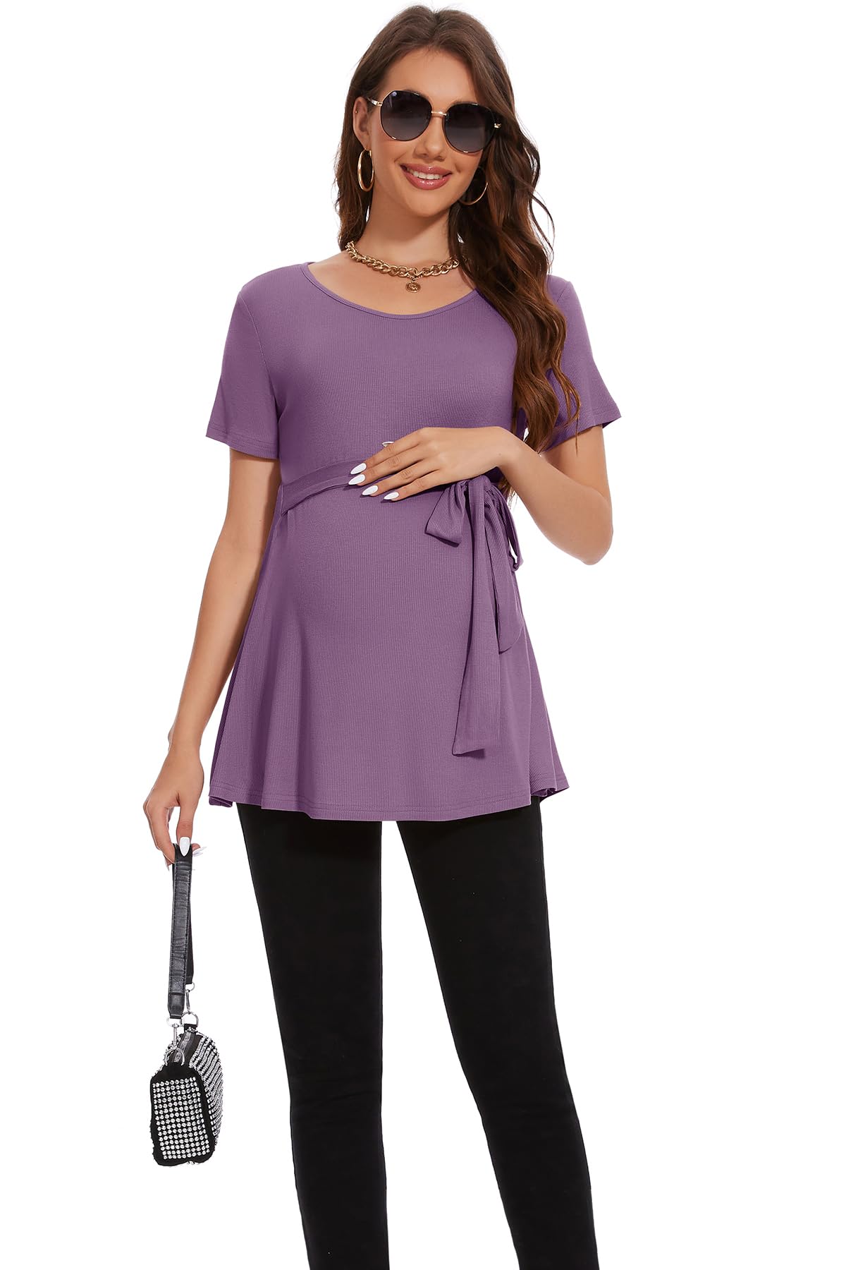Smallshow Women's Maternity Shirts - Tie Front Short Sleeve Pregnancy Tops for Casual Wear & Nursing Comfort - Perfect for Everyday Outfits, Maternity Photos & Breastfeeding