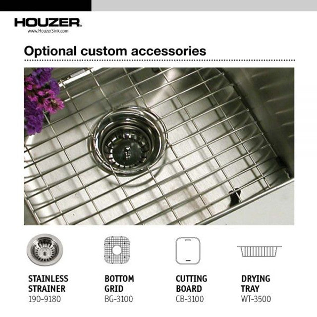 Houzer Glowtone Series 33 Stainless Steel Drop-in Topmount 4-Hole Double Bowl Kitchen Sink with Drainboard - Perfect for Modern Kitchens & Busy Home Chefs