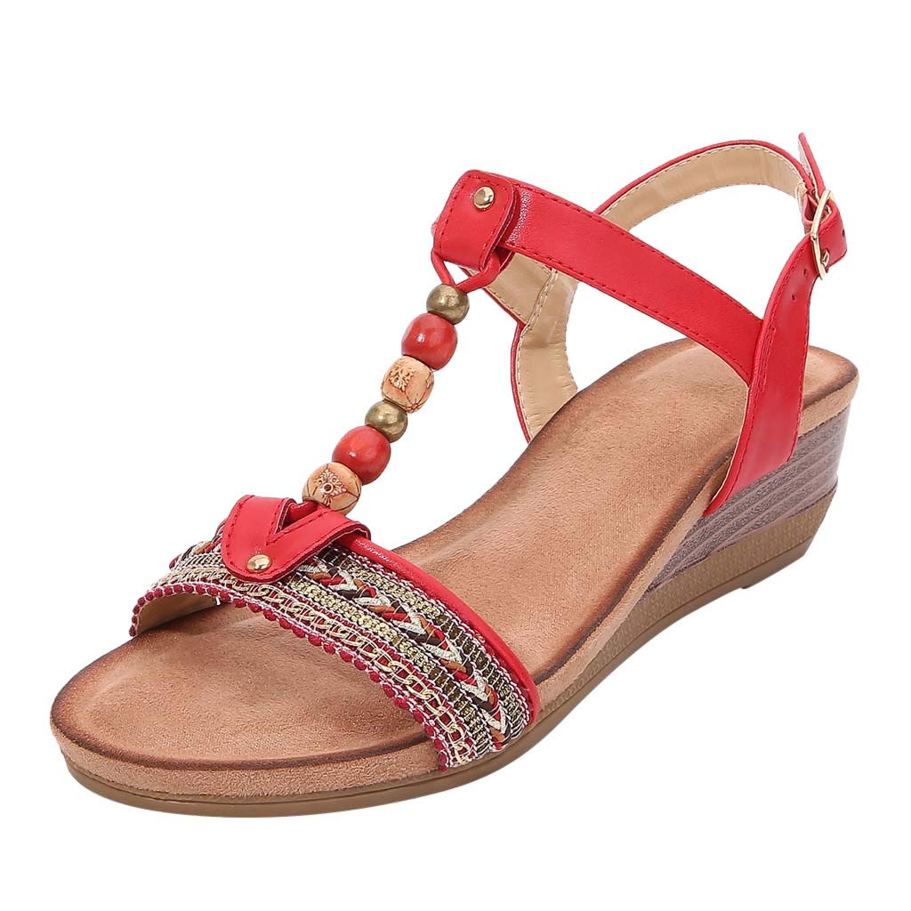 Women's Bohemian Beaded Aqua Sandals - Vintage Roman Wedge Open Toe Beach Sandals for Women | Perfect for Summer Vacations, Pool Parties, and Casual Outings
