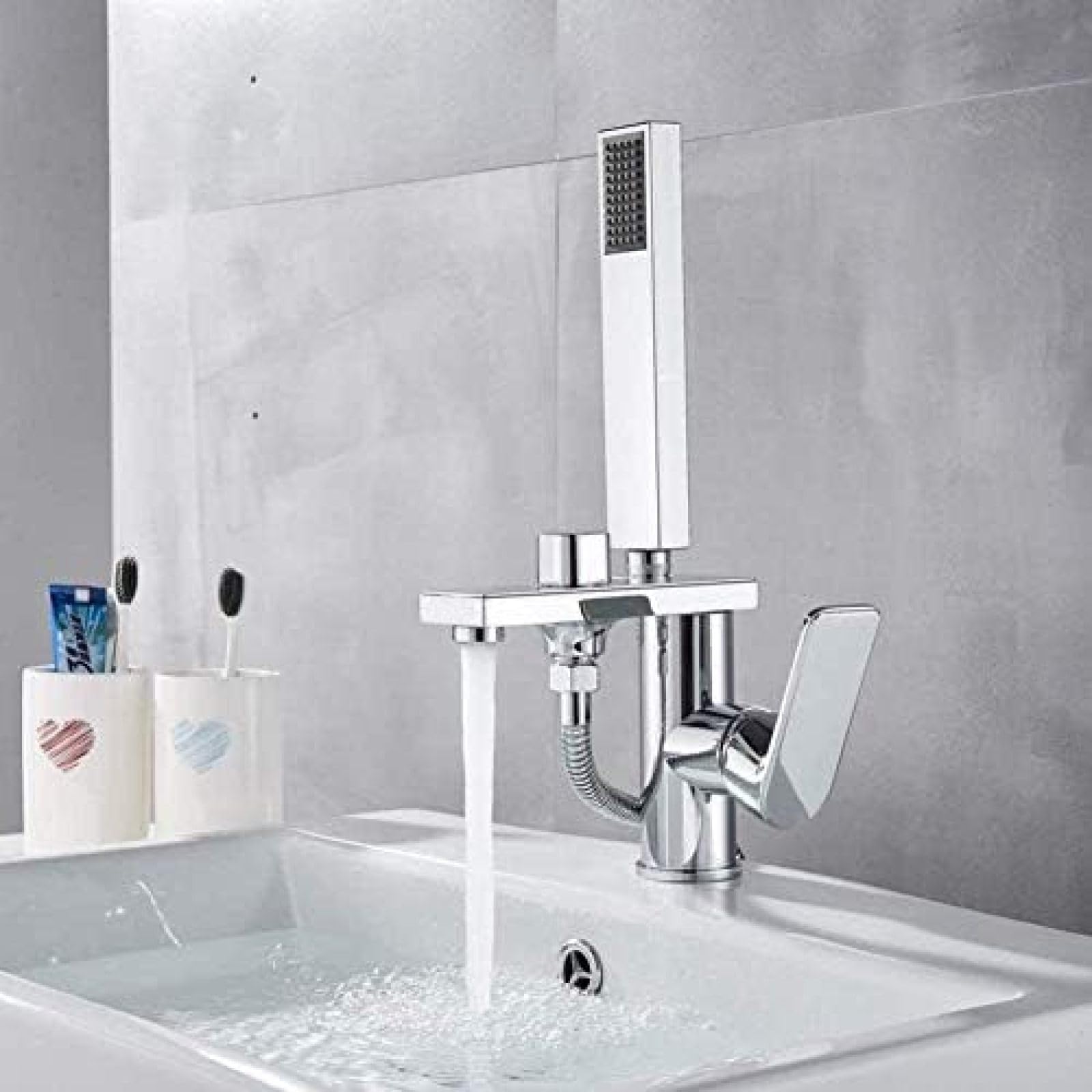 CRJUS Chrome Kitchen Sink Faucet with Hand Shower - 2 Function Deck Mount Mixer Tap for Bathroom & Basin - Hot/Cold Water Modern Design - Perfect for Home Renovation & Small Space Installation