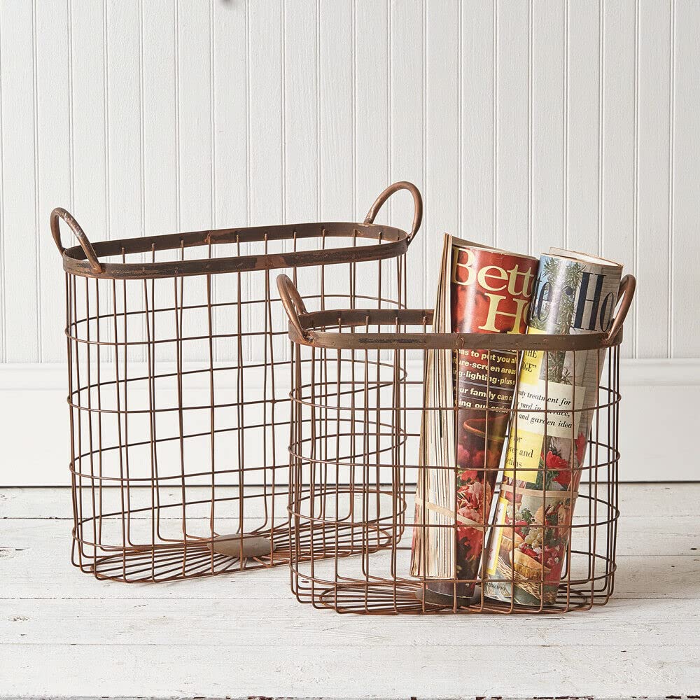 Copper Finish Oval Metal Baskets Set of 2 - Decorative Storage Bins for Magazines, Books & Home Organization - Perfect for Living Room, Bedroom or Office Decor