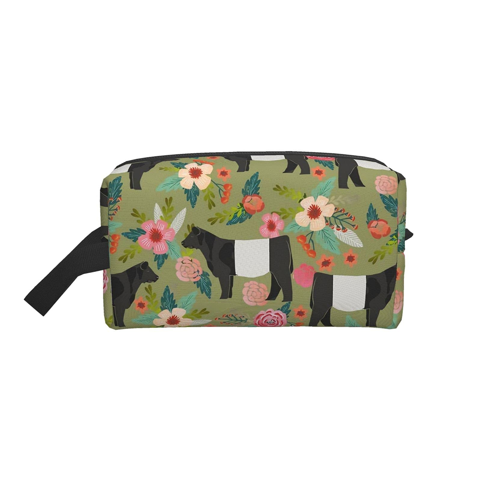 Floral Cow Print Makeup Bag - Large Travel Cosmetic Organizer Pouch for Women, Portable Toiletry Bag with Belted Galloway Design - Perfect for Travel, Gym, and Daily Use
