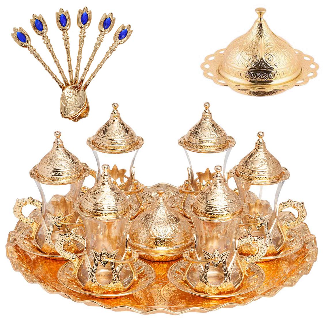 Handmade Turkish Tea Set with Zamzam Water Glasses, Saucer, Tray & Gold Spoon - Traditional Serving Set for Afternoon Tea, Home Decor & Gift Giving