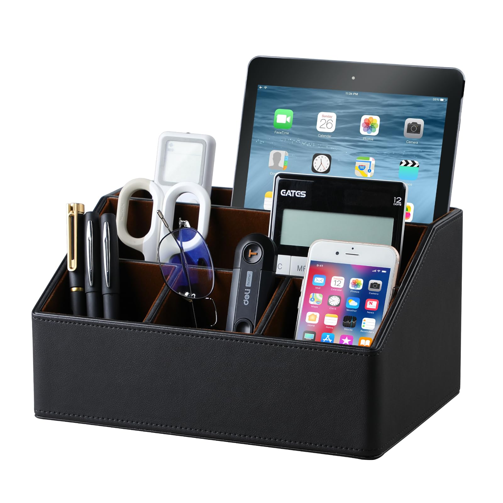 Premium PU Leather Desk Organizer - 5 Compartment Multifunctional Storage Box for Office Supplies, Pens, Pencils, Business Cards & Remote Controls | Perfect for Home Office, Workstation & Study Desk Organization (Black)