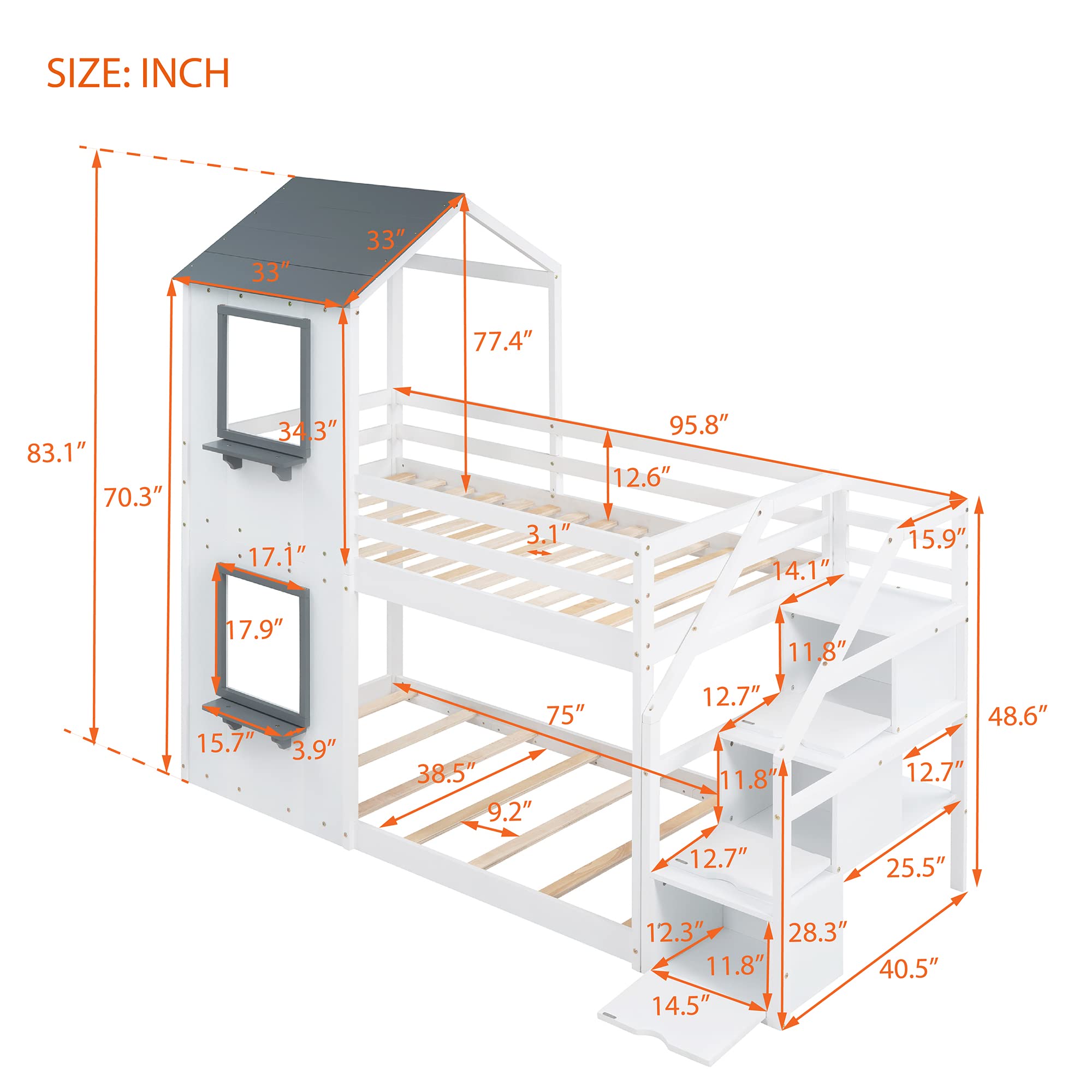 Polibi Twin Over Twin Wooden Bunk Bed with Storage Stairs, Roof, Window, Ladder & Guardrails - Space Saving Kids Bedroom Furniture for Small Rooms (White) - Perfect for Shared Kids' Rooms, Sleepovers and Vacation Homes