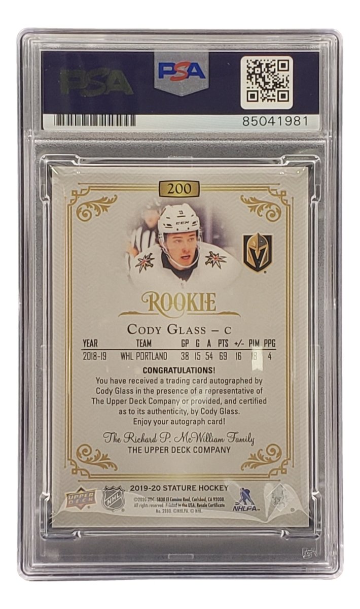 Cody Glass Autographed 2020 Upper Deck #200 Vegas Golden Knights Rookie Hockey Card - PSA/DNA Certified - Perfect for NHL Collectors, Sports Memorabilia Fans & Hockey Card Investors