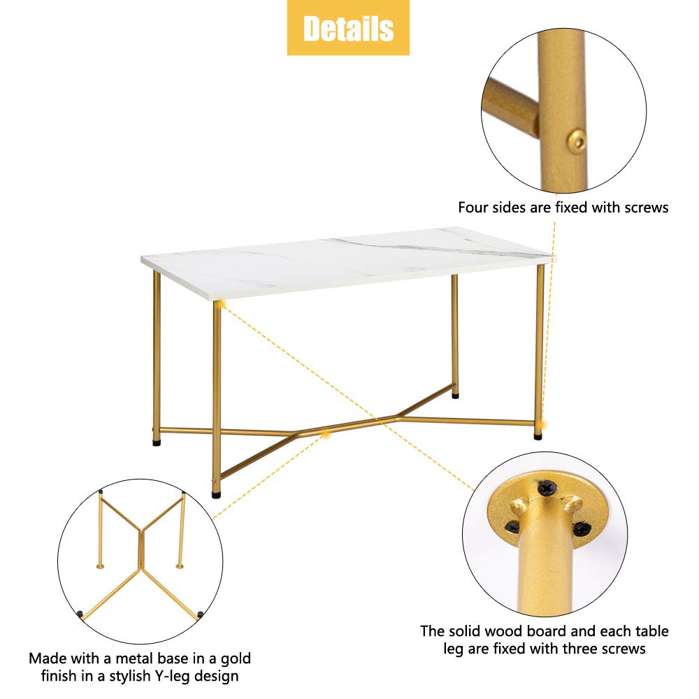 BNSPLY Modern Marble Coffee Table with Gold Metal Legs - Rectangle Living Room Center Table - Elegant Marble Top & Gold Base - Perfect for Home Decor, Lounge, and Office Spaces