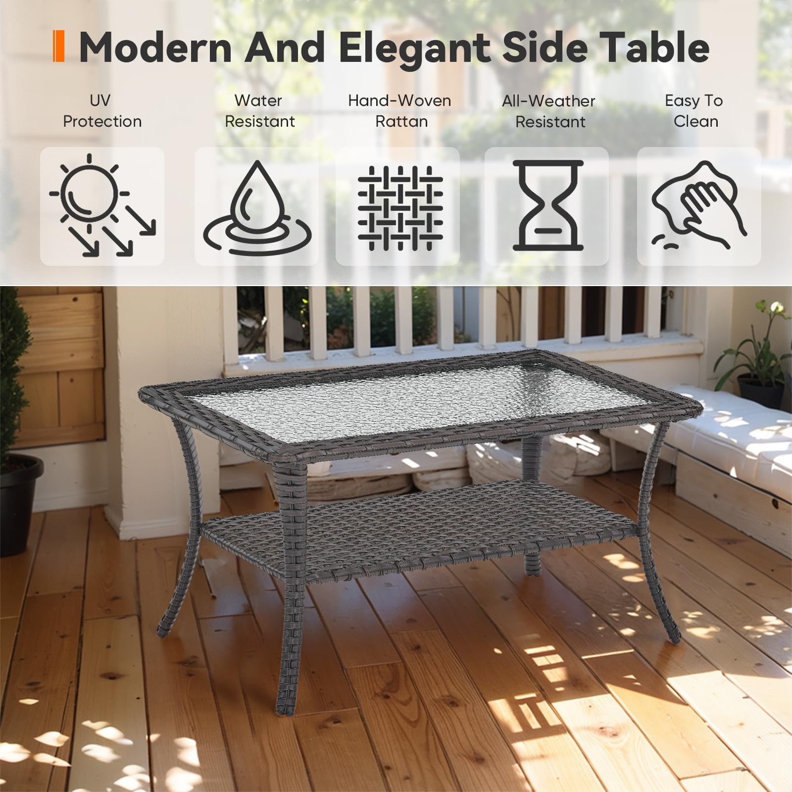Outdoor Rattan Wicker Coffee Table with Tempered Glass Top & 2-Tier Storage - Patio Furniture for Deck, Porch, Balcony, Garden - Brown - Perfect for Outdoor Entertaining and Relaxation