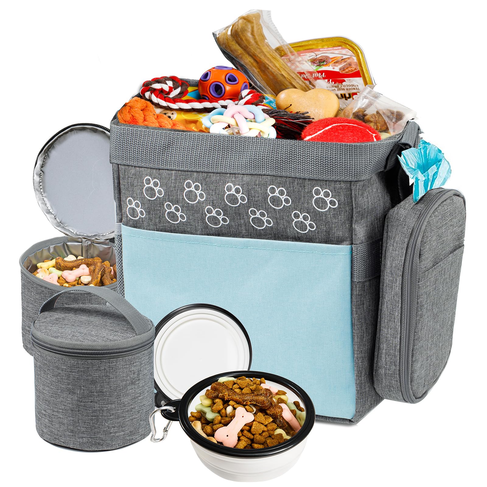 Airline Approved Dog Travel Bag with Treat Pouch - Includes 2 Food Containers & Travel Bowls - Perfect Weekend Pet Carrier for Supplies & Accessories - Ideal for Air Travel, Road Trips & Outdoor Adventures