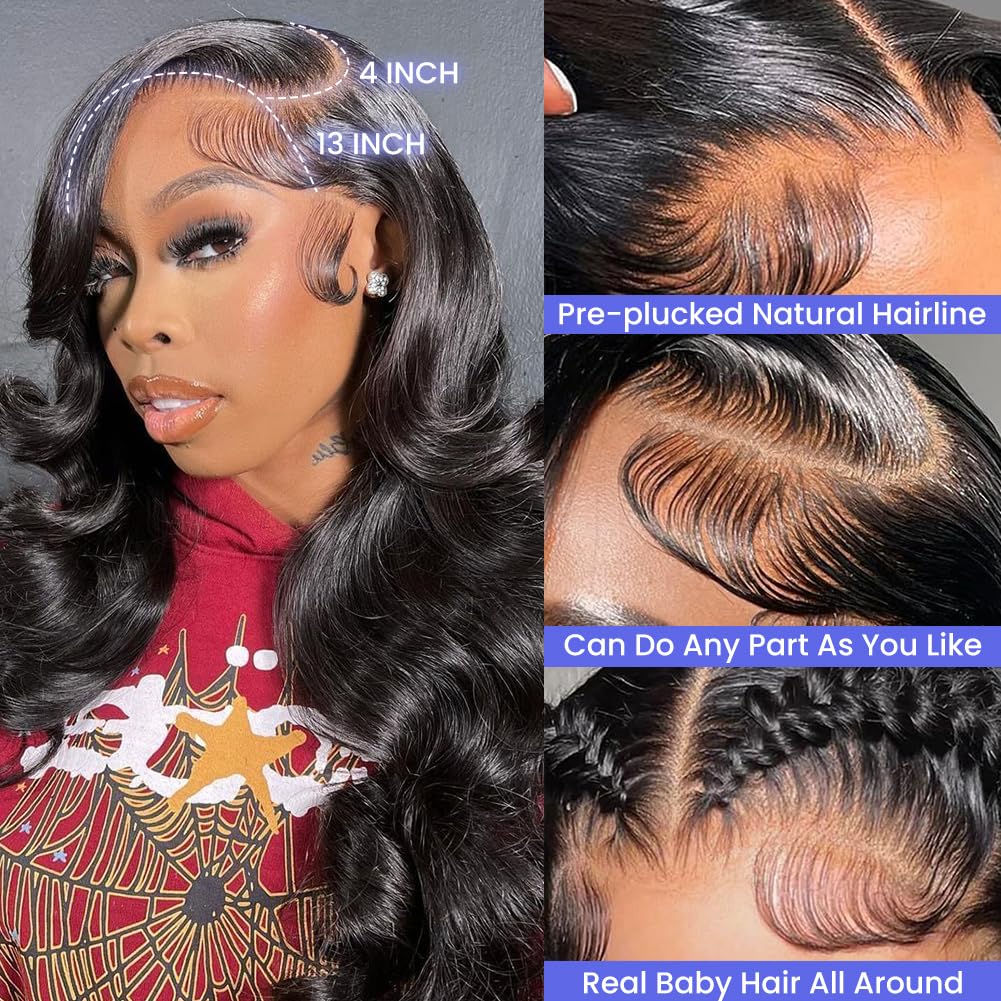 13x4 HD Transparent Lace Front Wigs Human Hair - Pre Plucked 180% Density Brazilian Body Wave Frontal Wig with Baby Hair & Natural Hairline (26 Inch, Natural Black) | Perfect for Daily Wear, Cosplay, Weddings & Special Occasions