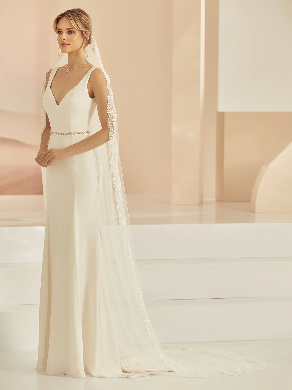 Elegant Chapel Length Wedding Veil with Sequinned Lace Edge - Perfect for Bridal Ceremonies, Photos & Formal Events | Style S407