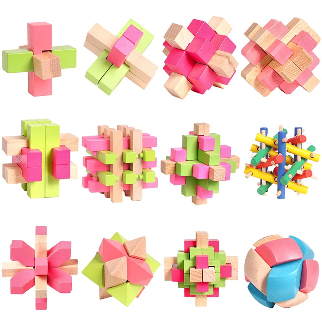 3D Luban Lock Wooden Brain Teaser Puzzle - Stress Relief & Educational Toy for Kids & Adults - Kongming Lock Interlocking Building Blocks - 12pcs Colorful Jumu Beech Wooden Puzzle Set - Perfect for Family Game Night, Classroom Activities & Cognitive Development