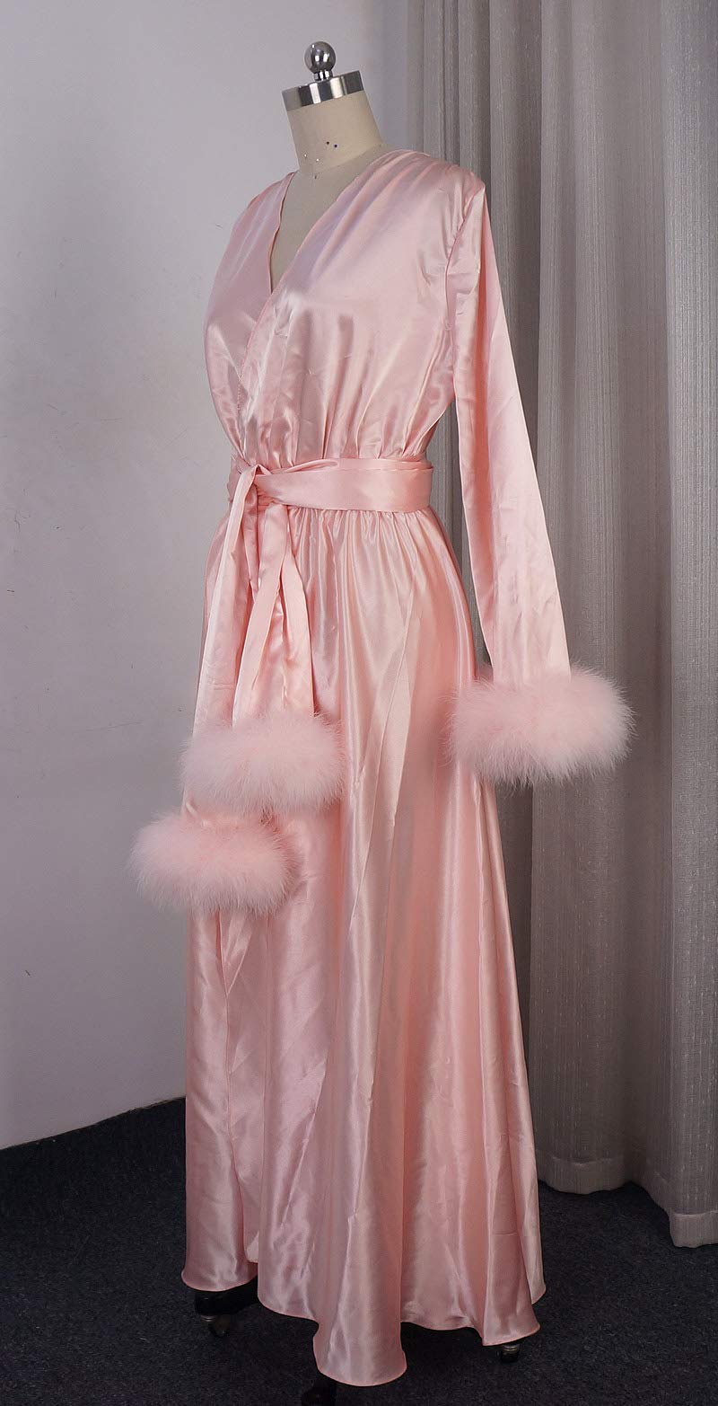 Bridal Robe for Getting Ready - Soft Satin Morning Pajamas with Feather Trim, Long Party Dress for Wedding, Bachelorette & Spa Day - Perfect for Bridal Shower, Photoshoots & Relaxation