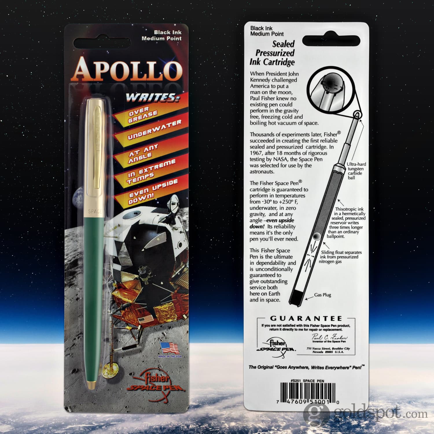 Fisher Space Pen Cap-O-Matic Ballpoint Pen - Green with Brass Trim - Premium Writing Instrument for Office, Travel & Outdoor Adventures
