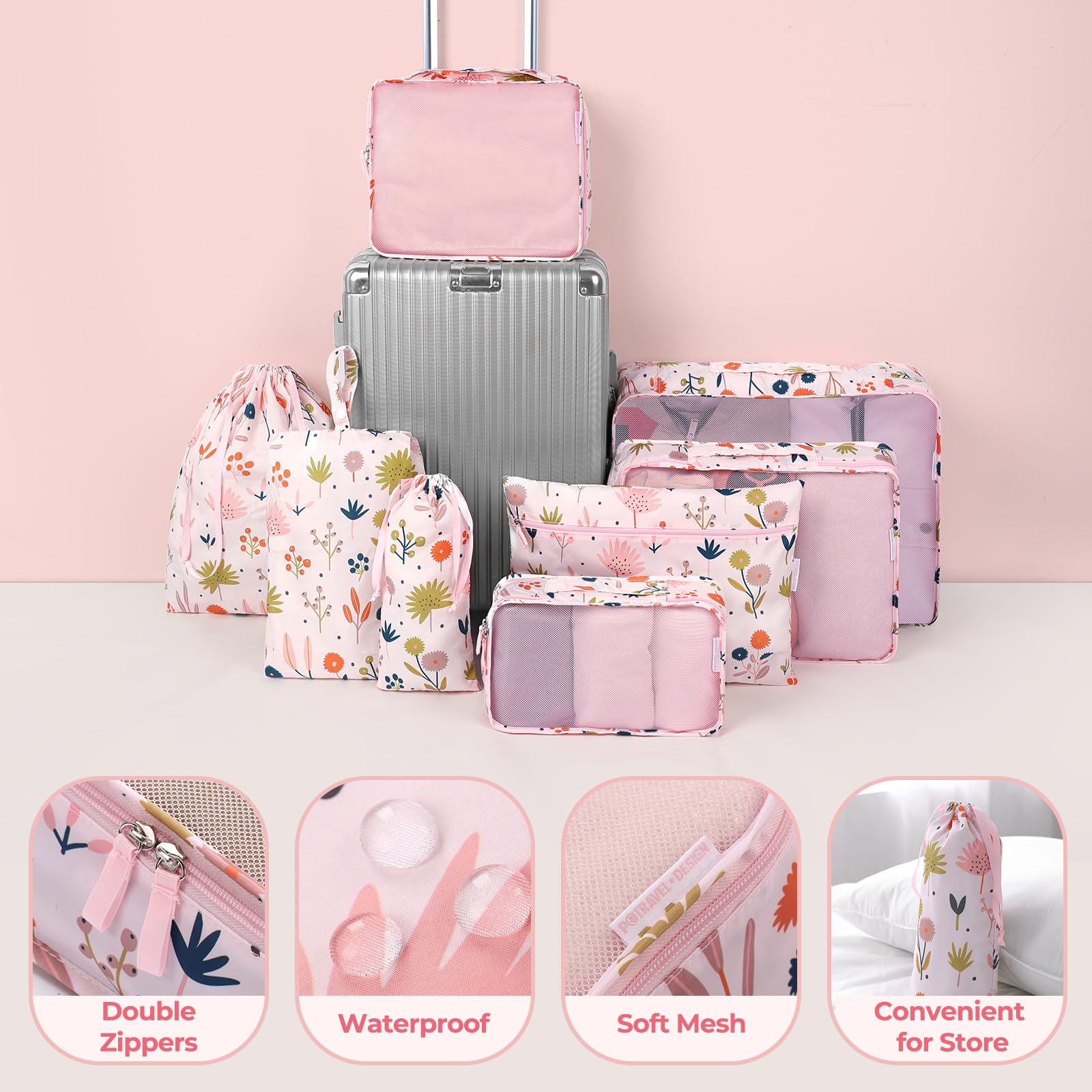 8 Piece Packing Cubes Set for Travel - Floral Printed Luggage Organizers | Perfect for Suitcases, Carry-Ons & Backpacking Trips