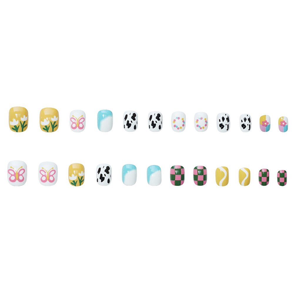 24PCS Short Press On Nails - Cute Cow & Butterfly Printed False Nails for Women - Full Cover Fake Nail Tips - Easy DIY Nail Art for Daily Wear & Parties