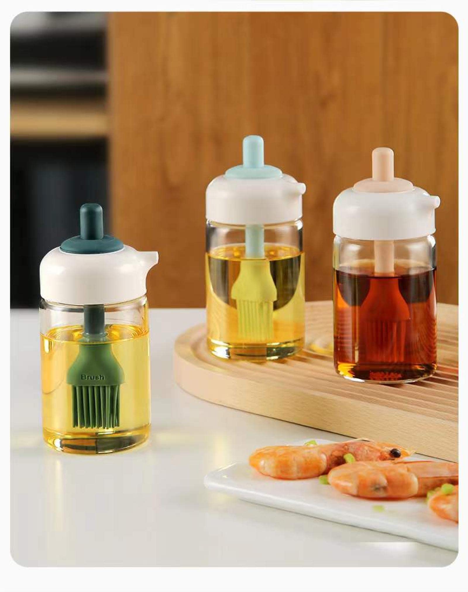 Premium Oil and Vinegar Dispenser Set - 2 Pack Glass Bottles with Pour Spouts & Wood Stand - Elegant Pink Kitchen Accessories for Salad Dressing, Cooking Oil & Balsamic Vinegar - Perfect for Home, Restaurant & Gift Giving