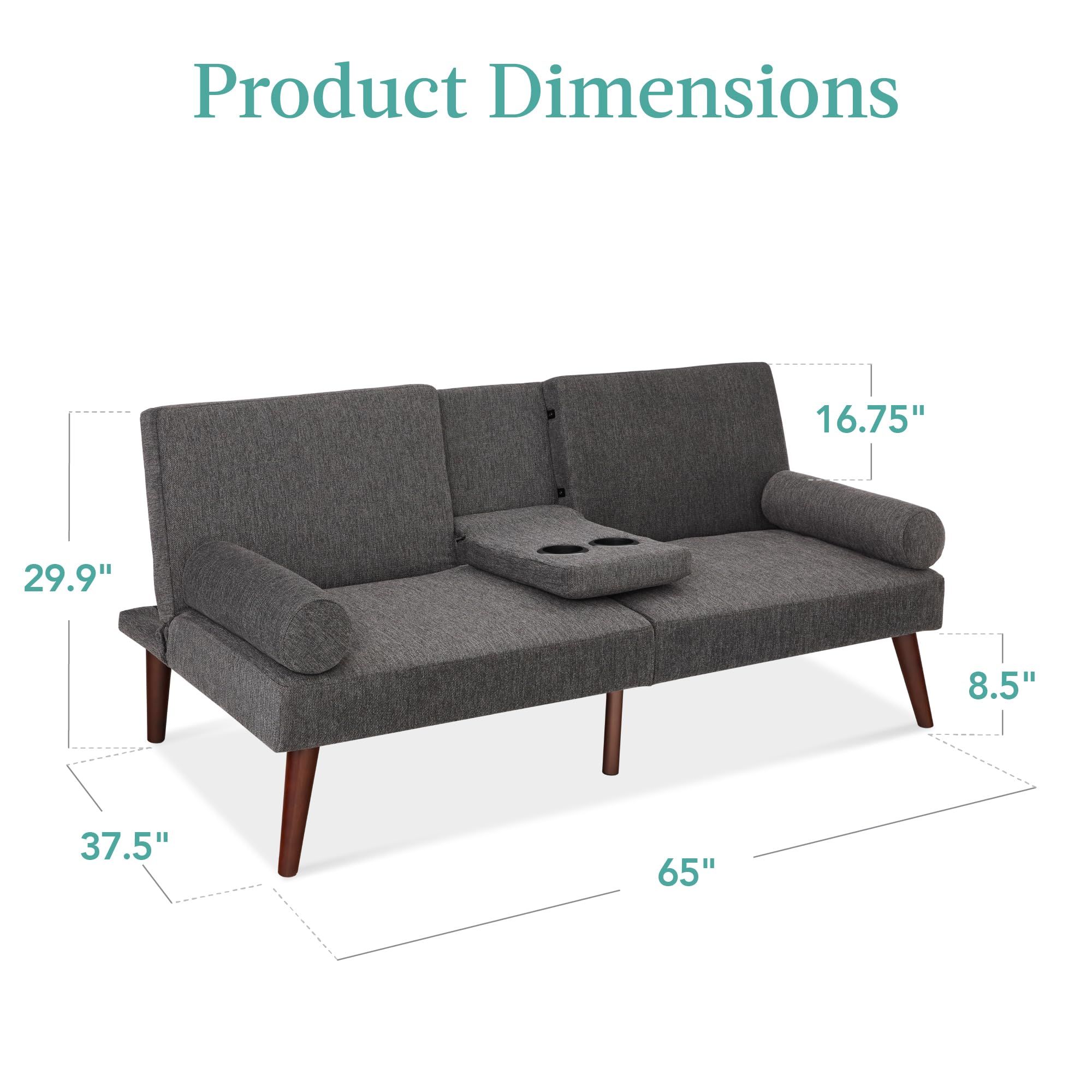 Best Choice Products Mid-Century Modern Upholstered Futon - Convertible Folding Sofa Bed with Rounded Armrests & 2 Cup Holders - Charcoal Grey - Perfect for Small Apartments, Guest Rooms & Home Offices