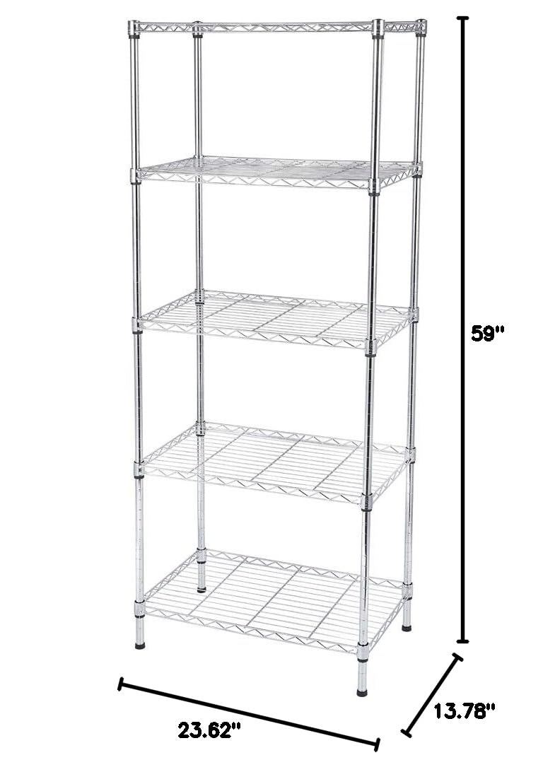 5-Tier Adjustable Metal Storage Shelf - Heavy Duty Wire Shelving Unit for Pantry, Closet, Kitchen, Laundry & Bathroom Organization (Silver) - Perfect for Home Storage, Garage Shelving, and Commercial Use