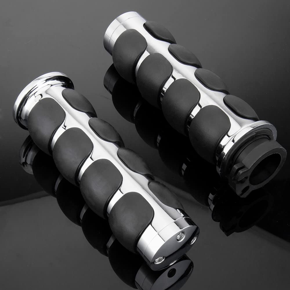 1 Inch Motorcycle Hand Grips - 25MM Chrome Black Aluminum Rubber Handlebar Throttle Grips for Harley Davidson Dyna, Sportster, Road King, Street Glide, Fat Boy & Honda Shadow VTX - Perfect for Cruiser and Touring Bike Comfort