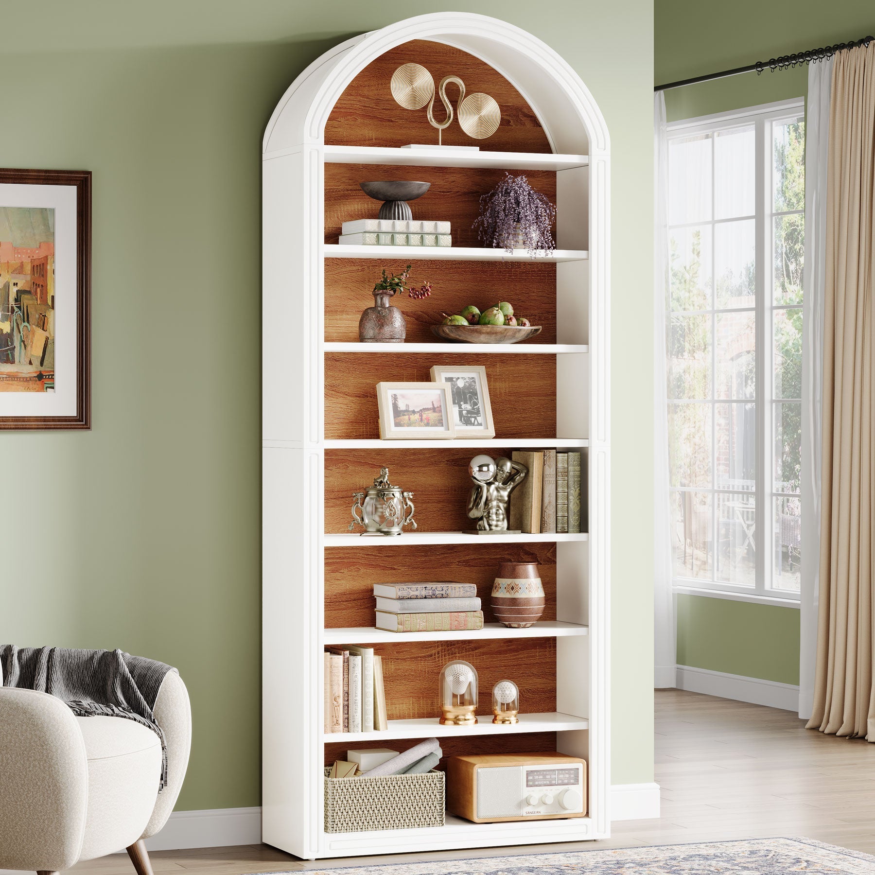 6/8 Tier Tall Wooden Bookshelf - Arched Bookcase Display Shelving Unit for Living Room, Office & Bedroom Storage & Organization