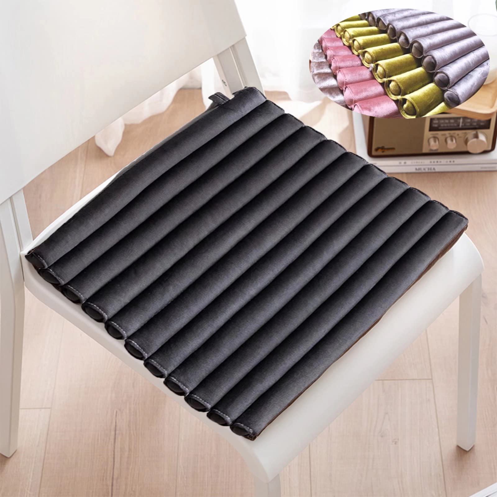 BEFASYY 4-Pack Non-Slip Dining Chair Cushions with Ties - Square Kitchen Chair Pads Set for Folding Chairs, Comfortable Seat Cushions for Dining Room, Office & Outdoor Use - Black