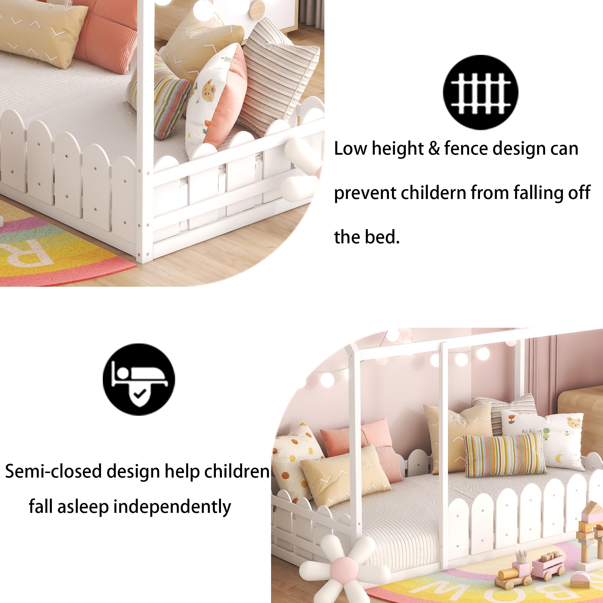 Harper & Bright Designs Twin Floor Bed for Kids - Wood Montessori Bed with Safety Rails - Low Profile House Bed for Toddlers, Girls & Boys (Twin Size, White) - Perfect for Montessori Bedrooms, Nursery Rooms & Kids' First Big Bed