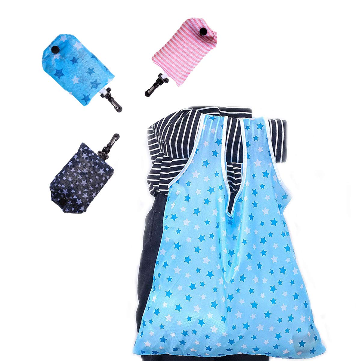 AKOAK Reusable Foldable Grocery Bags - 3 Pack Eco-Friendly Polyester Shopping Totes (Pink, Sky Blue, Black) | Durable, Washable & Portable for Grocery Shopping, Travel & Daily Errands