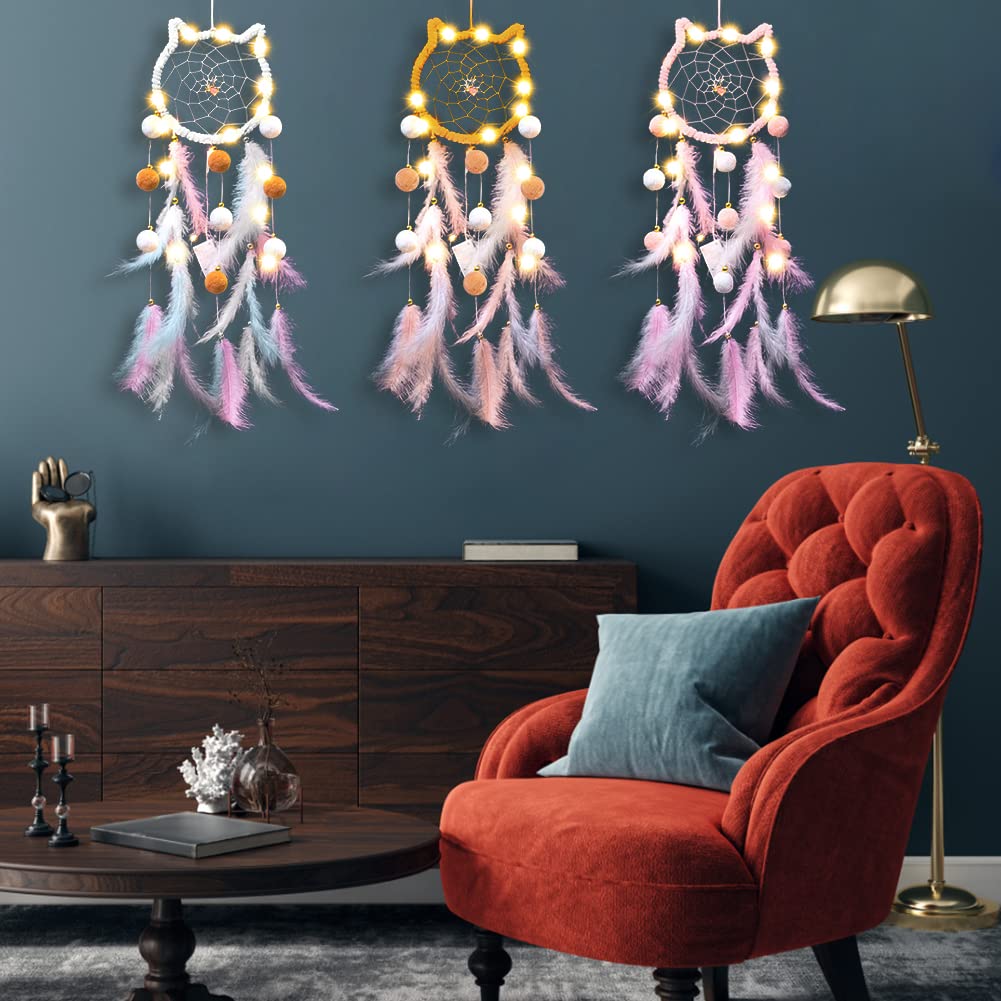 LED Light Up Feather Dream Catcher - Cat Shaped Night Light with Fairy Lights for Bedroom Decor, Kids Room, Nursery, Boho Home Ornament - Perfect Gift for Girls, Boys, Teens & Adults (Use as Wall Decor, Night Light or Spiritual Gift)