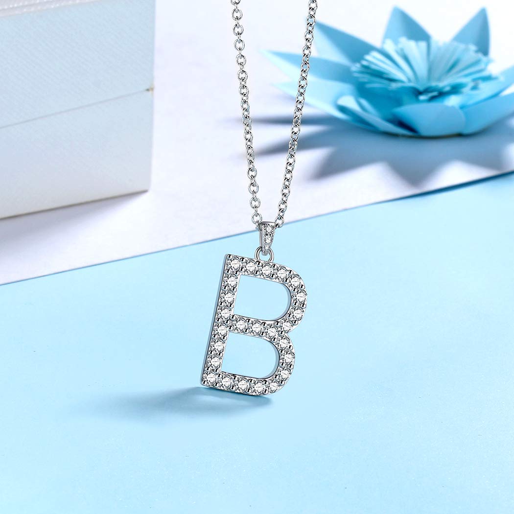 18K White Gold Plated 925 Sterling Silver Initial Letter Pendant Necklace for Women & Men - Cubic Zirconia Monogram Jewelry with Gift Box - Perfect Birthday Gift, Anniversary Present & Personalized Fashion Accessory for Everyday Wear