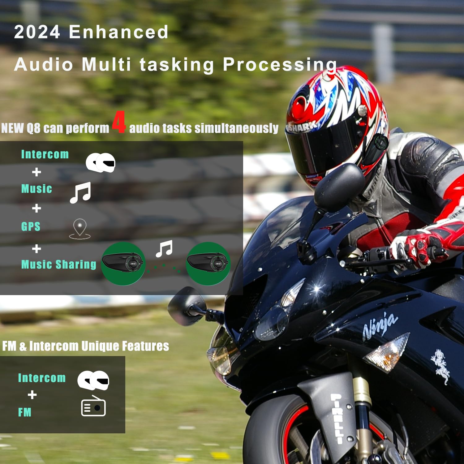 Q8 Motorcycle Helmet Bluetooth Intercom Headset - 230 Hours Standby, 6-Way Mesh Communication, Audio Multitasking, Music Sharing, Noise Cancellation, FM Radio | Perfect for Group Rides, Touring & Adventure Motorcycling