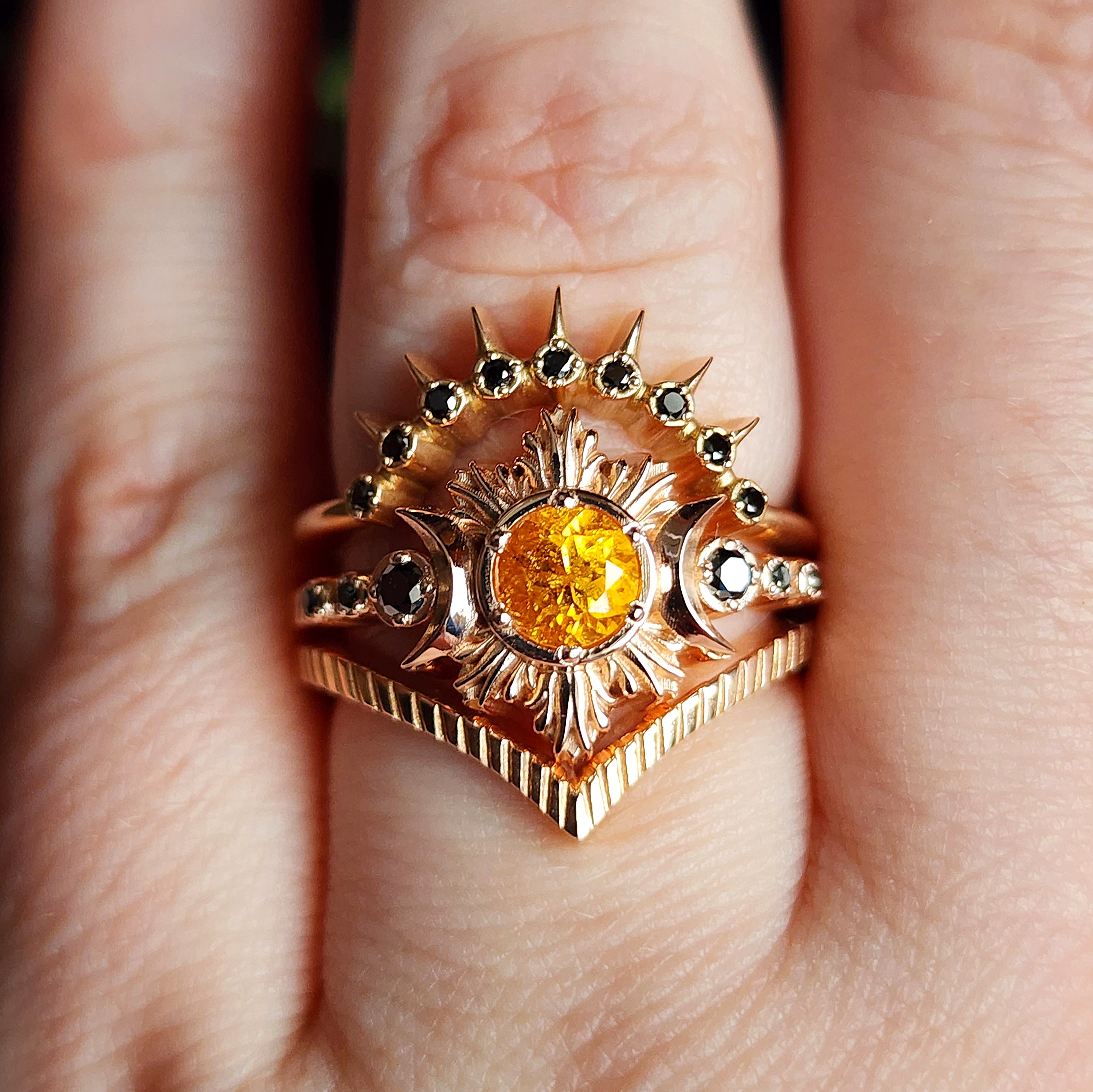 Orange Spessartite Garnet MoonFire Wedding Ring Set - Gothic Celestial Jewelry with Black Diamonds in 14k Yellow, Rose or White Gold - Perfect for Gothic Weddings, Celestial-Themed Events & Alternative Engagement Rings