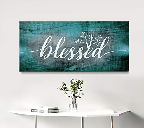 Christian Wall Art - Blessed Sign & Thankful Quotes Religious Home Decor - 60x27 Inch Teal Blessed Word Sign for Living Room, Bedroom & Church Decor
