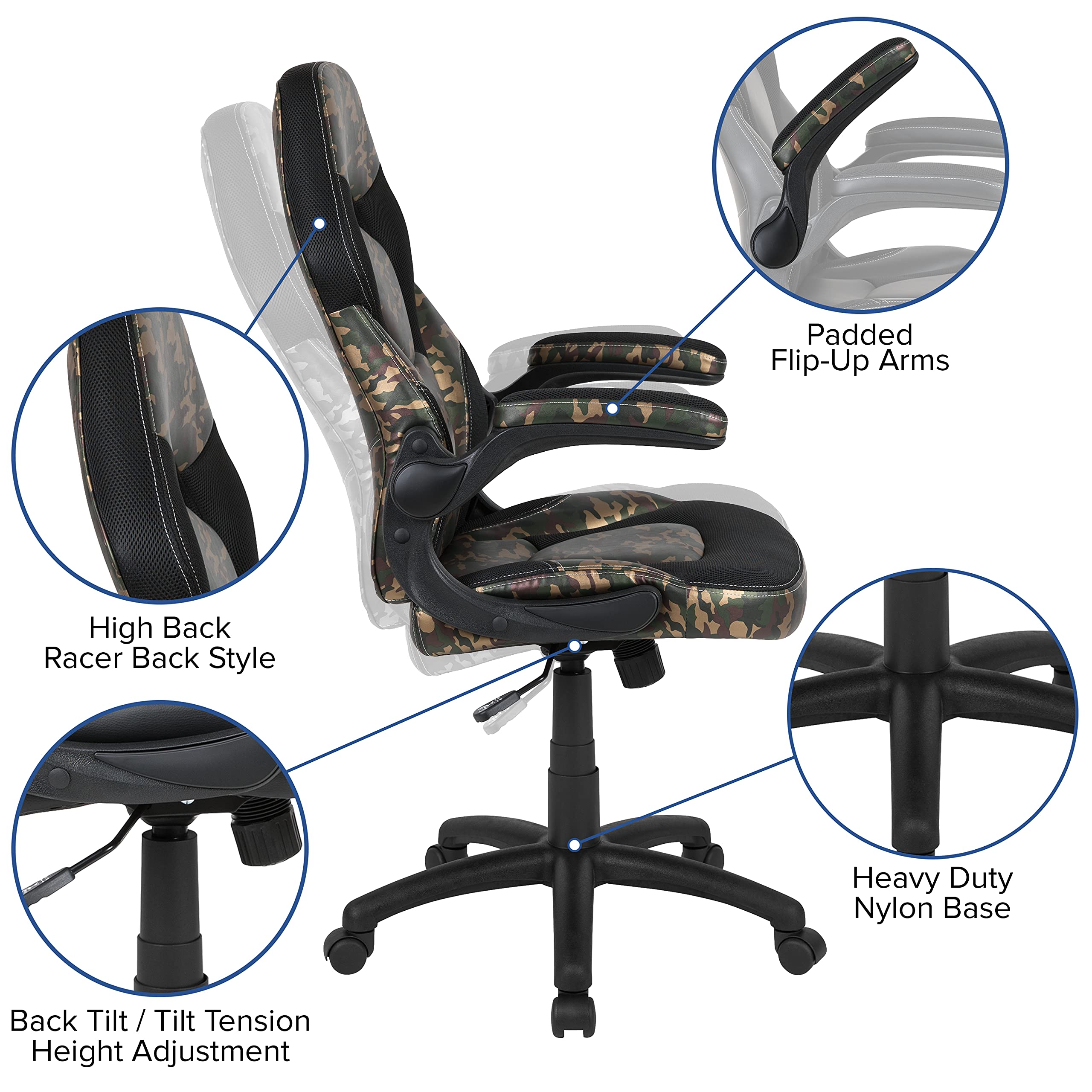 Premium Black Gaming Desk & Camouflage Racing Chair Set with Cup Holder, Headphone Hook & Cable Management - Ergonomic PC Gaming Setup for Esports, Streaming & Home Office