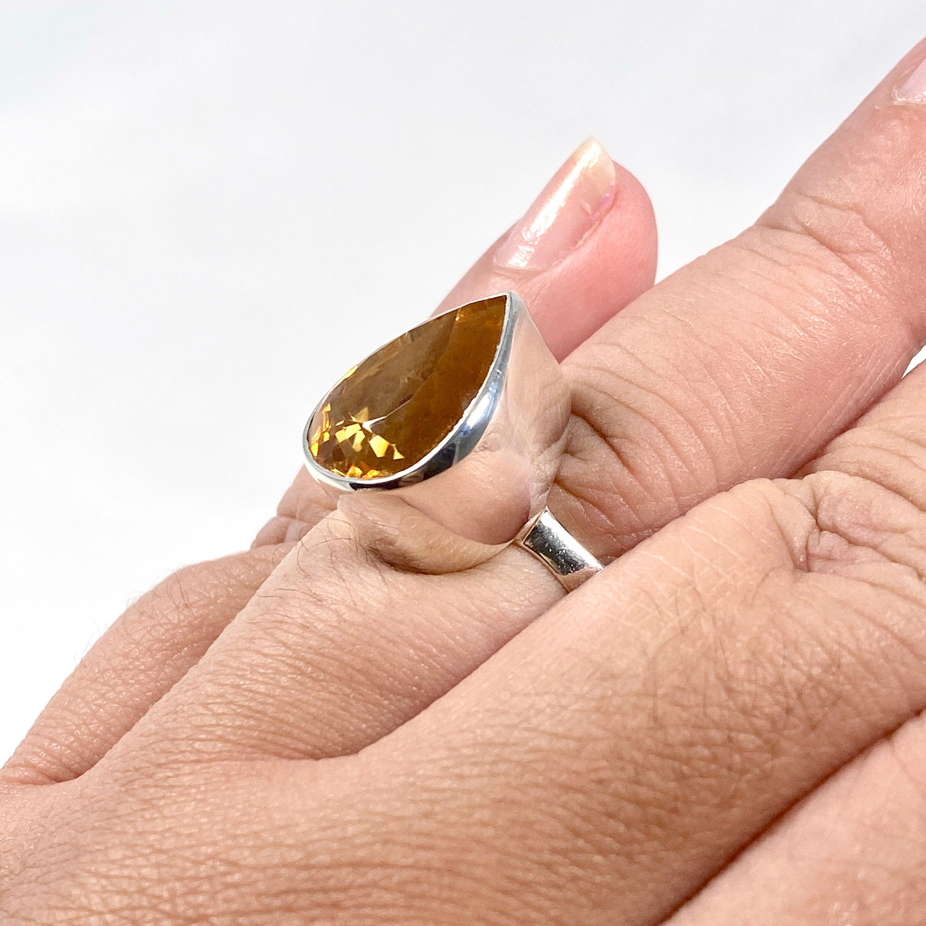 Natural Citrine Faceted Teardrop Ring - Size 10 - KRGJ2838 - Elegant Jewelry for Women, Perfect for Weddings, Parties & Everyday Wear