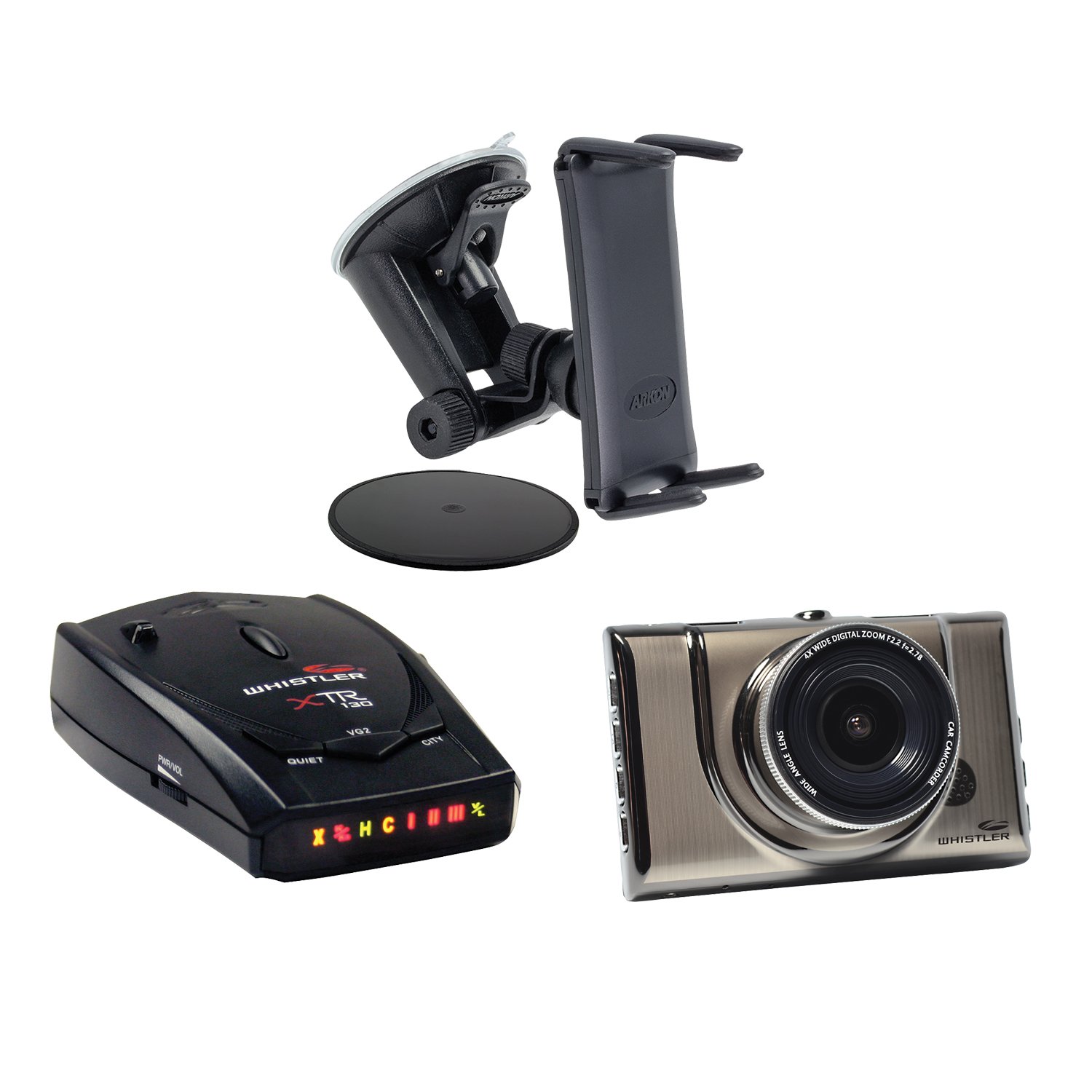 Whistler XTR130 Laser Radar Detector with 1080p HD Dash Cam & Arkon Mount Bundle - 3 Pack for Cars, Trucks & Road Trips | Long-Range Detection, Clear Recording & Secure Mounting