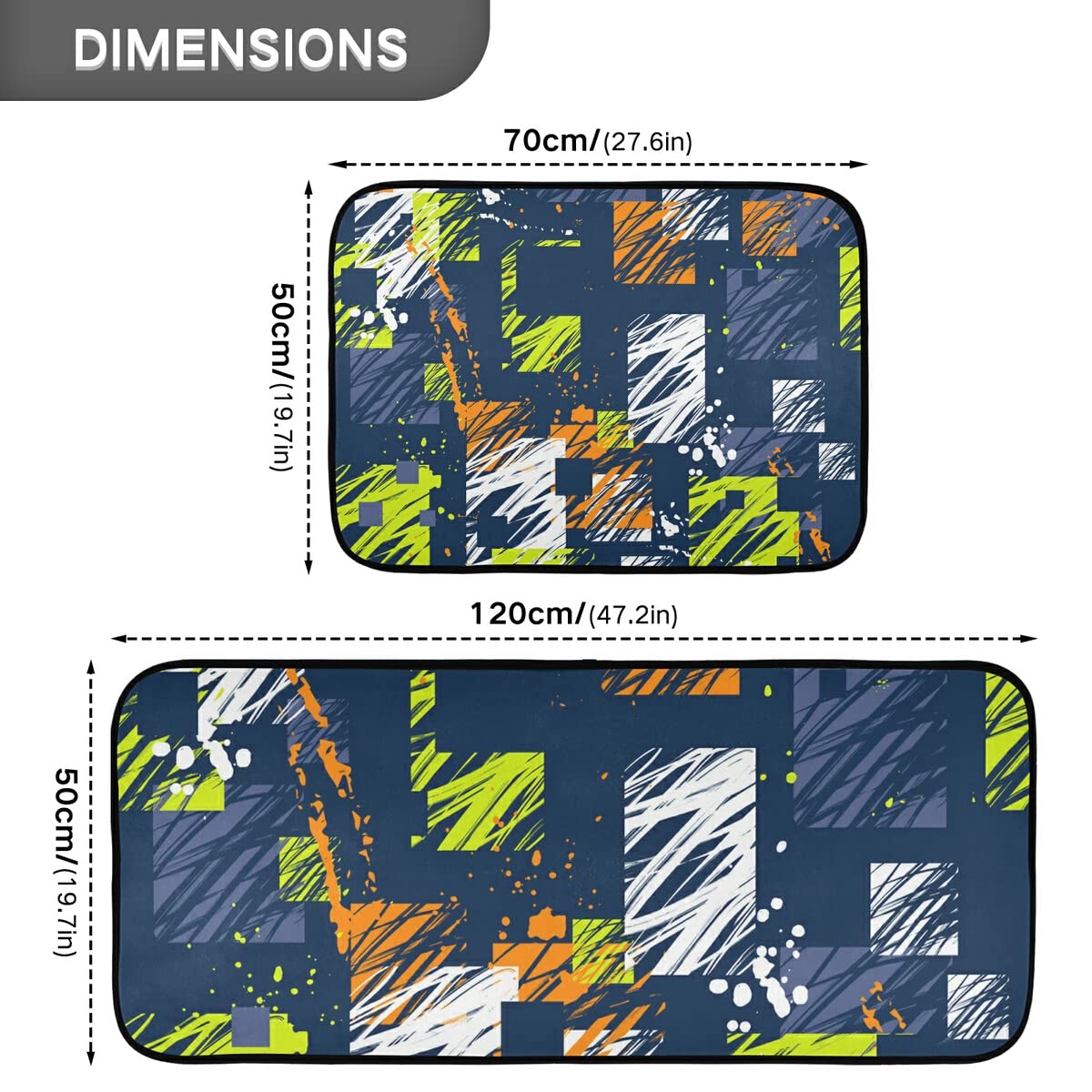 Abstract Grunge Squares Non-Slip Washable Kitchen Rugs Set of 2 - Anti-Skid Floor Mats for Kitchen Sink, Laundry Room & Home Decor | Perfect for High-Traffic Areas, Pet-Friendly Homes & Modern Farmhouse Style