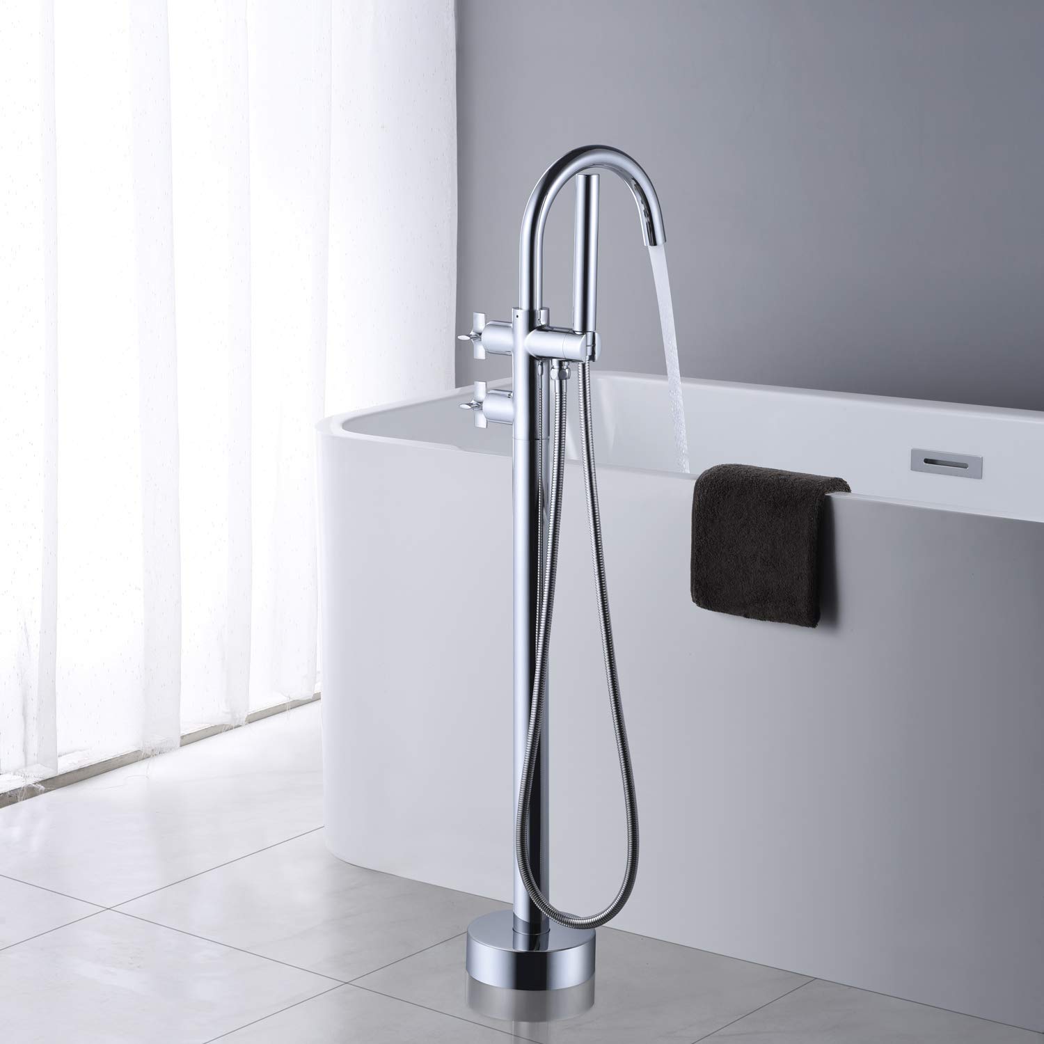 Freestanding Bathtub Faucet with Hand Shower - Chrome Floor Mount Brass Tub Filler for Modern Bathrooms | Perfect for Spa-Like Relaxation & Luxury Bathing Experience