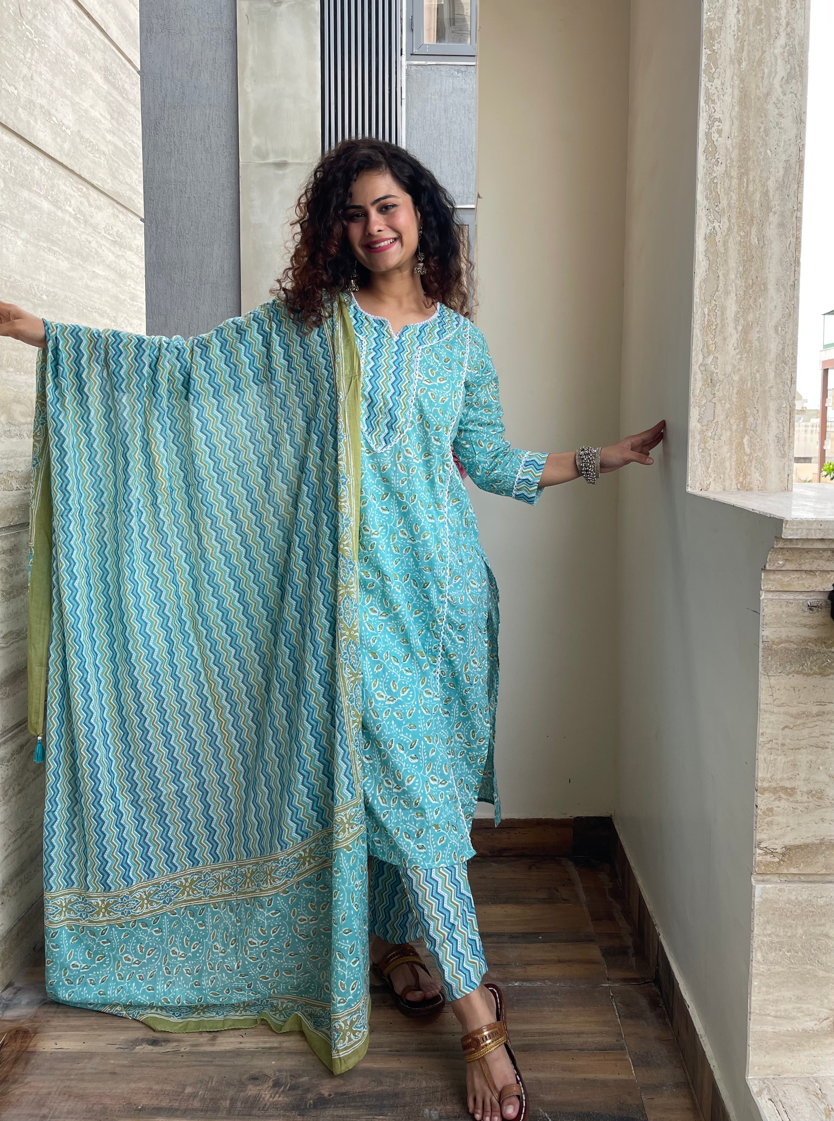 Stylish Sky Blue Floral Stripes Kurta Suit Set for Women | Indian Ethnic Wear | Perfect for Festivals, Weddings & Special Occasions
