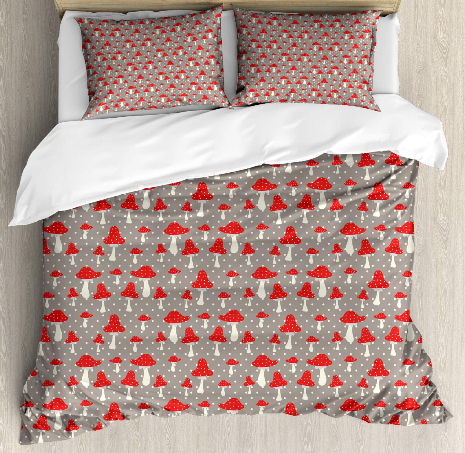 Ambesonne Mushroom Duvet Cover Set - California King 3-Piece Bedding with Amanita Mushrooms & Polka Dot Design | Taupe Cream Red Cartoon Toadstool Pattern | Includes 2 Pillow Shams | Perfect for Kids' Rooms, Boho Decor & Mushroom-Themed Bedrooms
